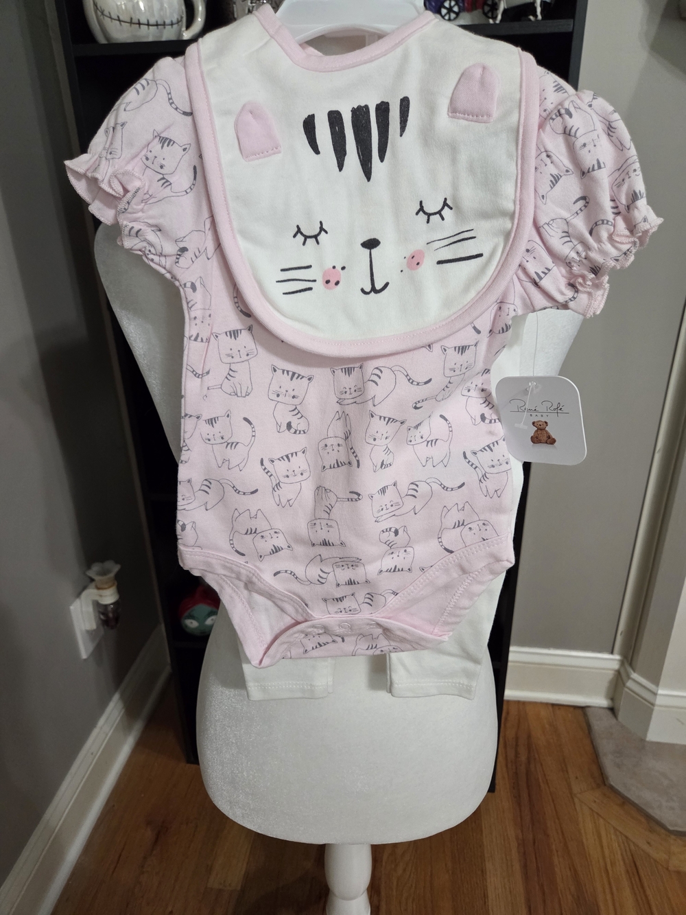 Rene Rofe Pink Kitty Print Bodysuit with White Cat Bib And Pants